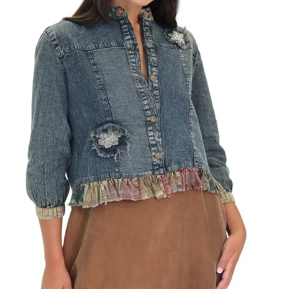 Denim Patchwork ruffle Jacket with Floral Accents by Young Threads - Picture 1 of 11